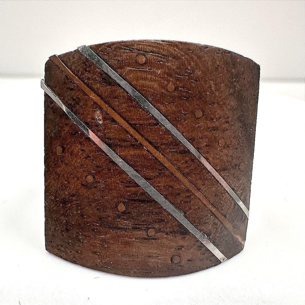 Vintage 80s Wooden Geometric Ring Silver Tone Women's Classic Fashion Jewelry